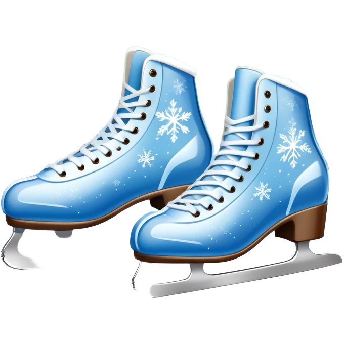 An icon showing In the background, twinkling lights, winter trees, and blue sky. a pair of elegant ice skates gliding across a smooth, frozen rink with snowflakes in the air. Transparent background highlights the grace and charm of ice skating. emoji