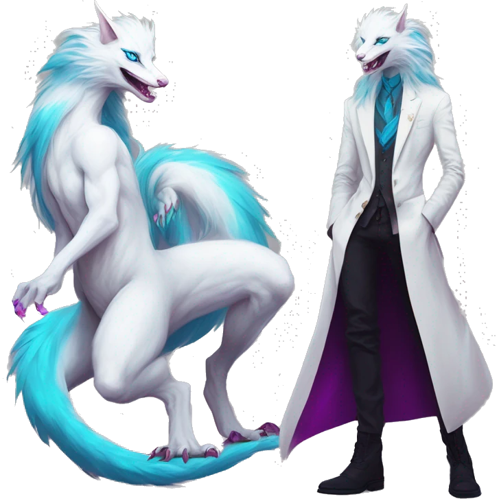 White badass elegant wild beautiful natural cute badass epic anthro modern albino sergal-vernid-creature with cyan mane and magenta eyes with cyan edgy stripes, full body, blue pretty hair, outside, modern, aesthetic, art by LiLaiRa, art by art by Falvie emoji