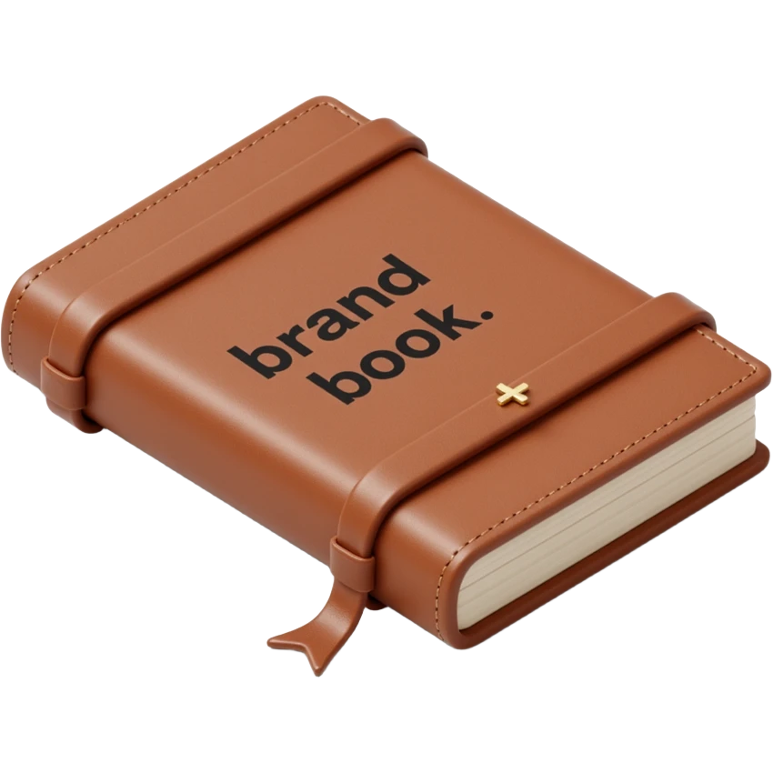 leather-bound notebook with stitching and 'brandbook' in bold written on it, skeuomorphism icon style emoji