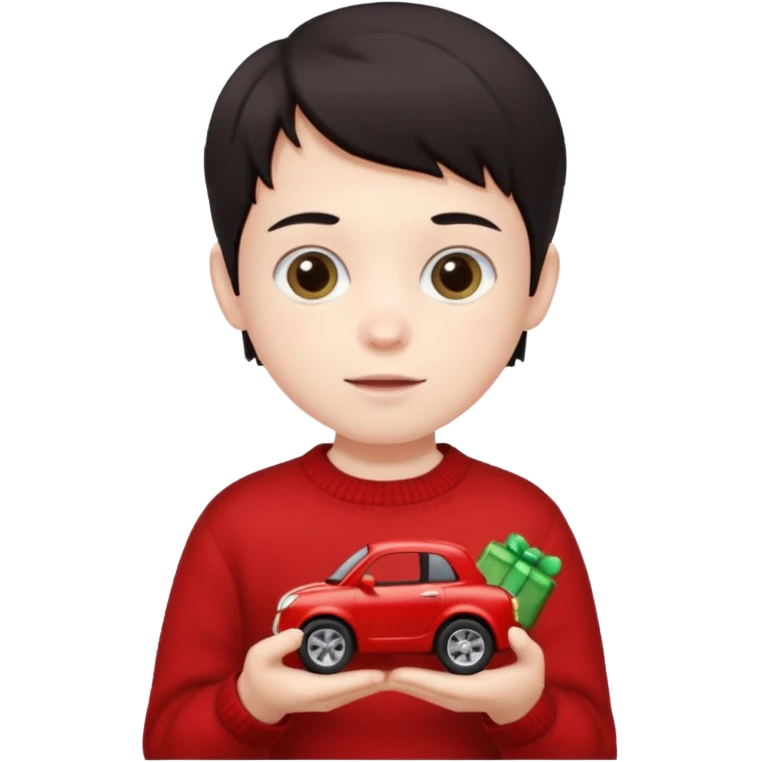 dark haired red wearing kid with small toy emoji