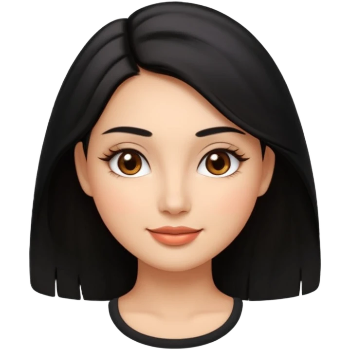 Feminine woman Softly rounded, healthy face — slightly curvy and feminine, not overweight.
Warm tan skin, brown eyes with long lashes, full glossy lips, gentle smile.
Shoulder-length black hair framing the face.
Clean, polished emoji look, soft shading, neutral background. emoji