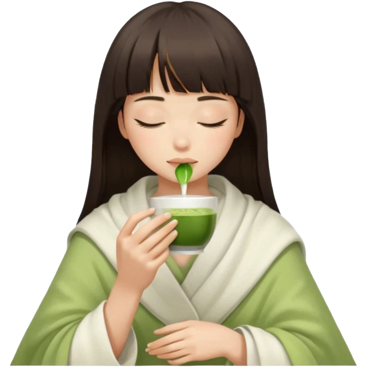 Dark brown hair with straight bang girl inside a white blanket sipping matcha eyes closed emoji