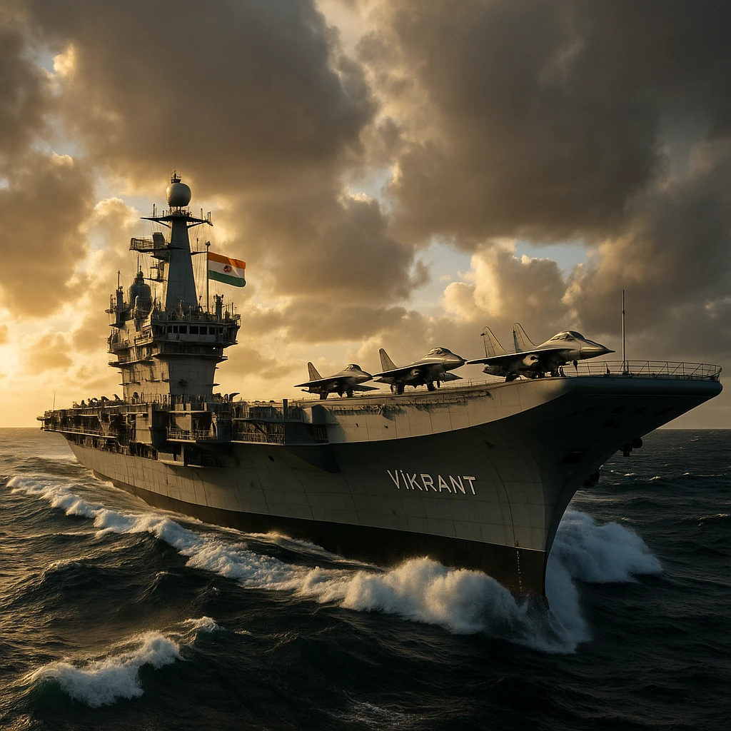 INS Vikrant, Indian Navy, aircraft carrier, dynamic angle, waves, dramatic lighting emoji