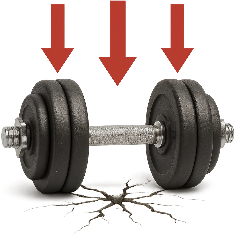 realistic dumbbell with red arrows pointing down and small cracks underneath, isolated on white background emoji