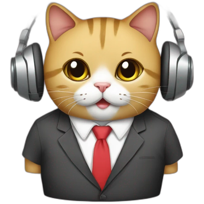 chubby cat with headphones, tie, formule 1 tshirt emoji