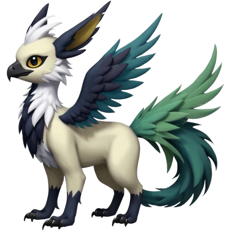 Dark-deep-colored gryphon-Trico-Nargacuga-Absol-Leafeon-Sprigatito-Silvally-fusion-hybrid with a long tufted tail, black beak, black claws, black tail, majestic, realistic, furry (full body) emoji