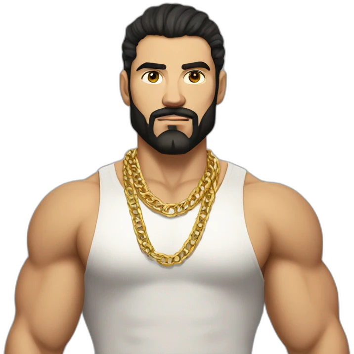 Russian muscular thug man aged 26 wearing gold chain with black hair and short beard emoji