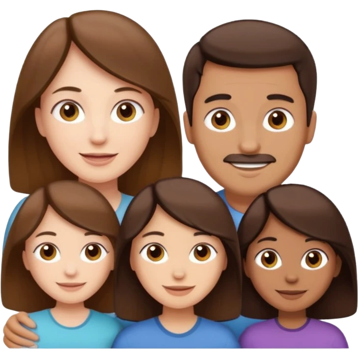 happy pale white  four person family with one brown hair dad, one brown hair mom, one dark brown girl, and one brown hair girl emoji