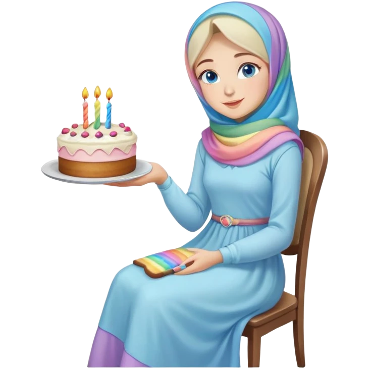 Turkish beautiful finish Konya girl blue eyes with pastel hijab long tail dress and sits on the chair and holds rainbow cake with her hand  emoji