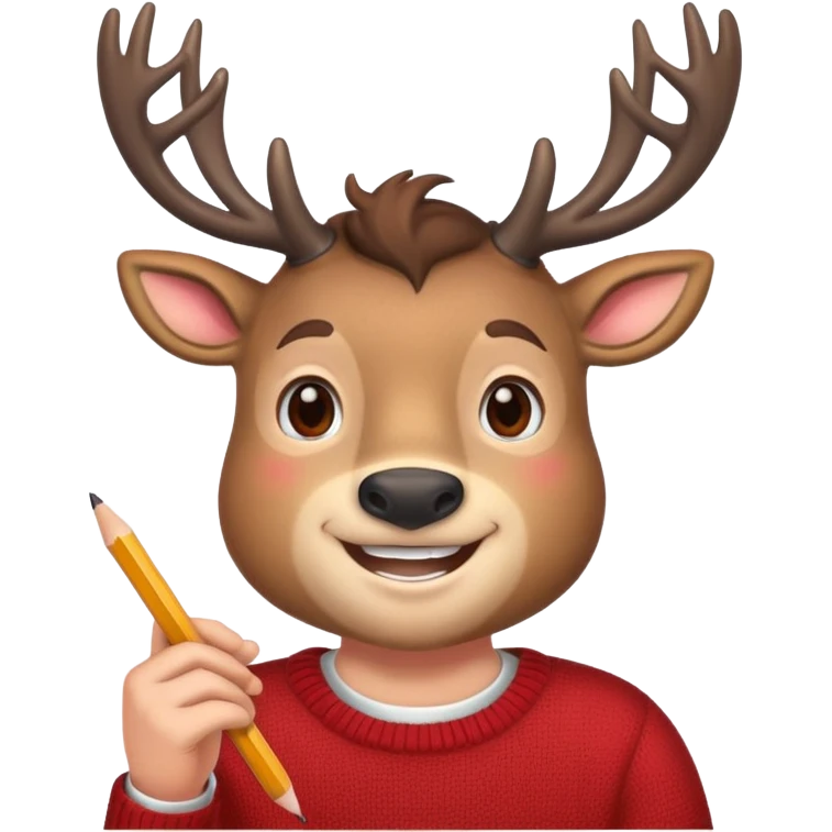 stag in red sweater holding a pencil and smiling emoji
