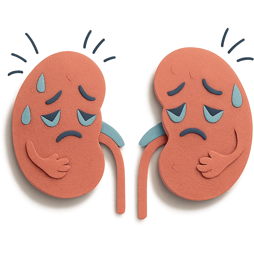 cartoon kidneys with stress lines and sweat, holding their sides, tired eyes, soft blue and pink tones, medical style emoji