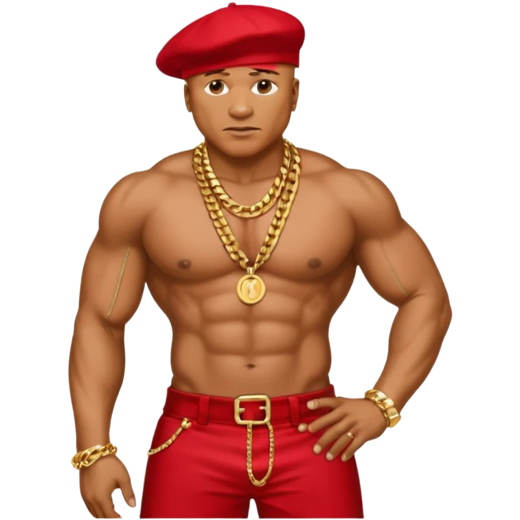 LL Cool J with metallic red pants, shirtless with necklace emoji