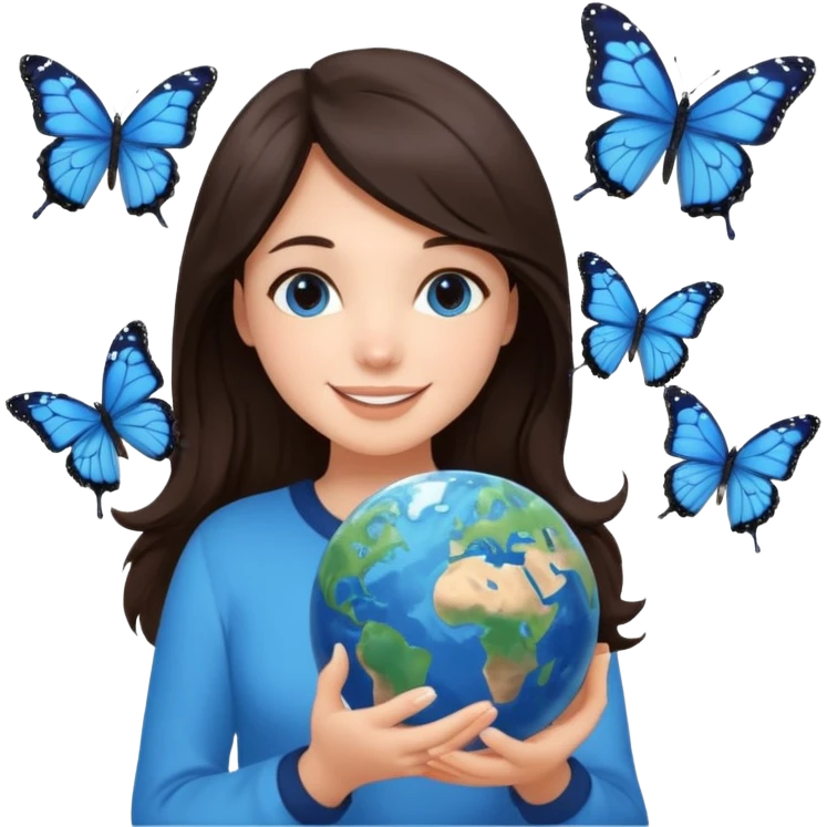 Successful CEO (brunette girl, another emoji, in the middle), holding the Earth 🌍 in her hands smiling warmly, blue monarch butterflies fly around her. emoji