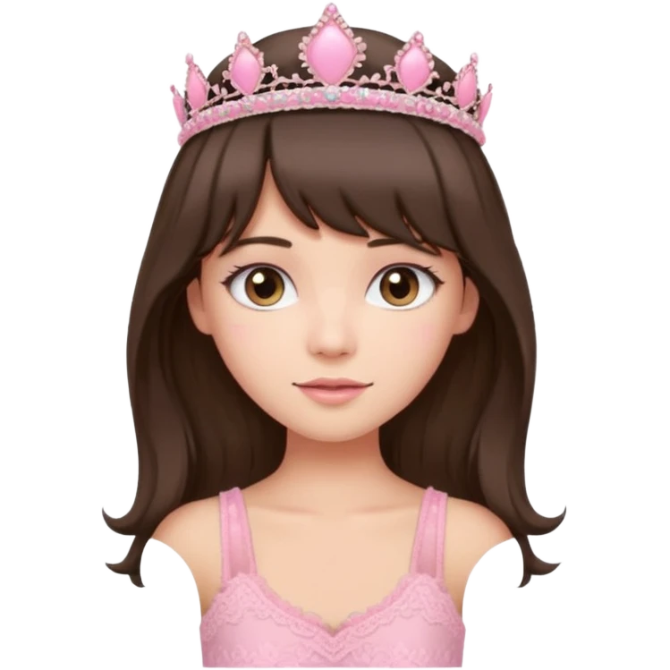 long haired brunette with curtain bangs cute pink lacy tank with a pink tiara on head, white but with a little bit of tan emoji