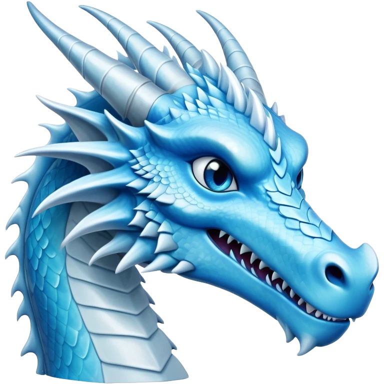Cinematic Noble elegant Ice Dragon Portrait Emoji, Poised and imposing, distinct long elegant snout, with a slender, scaled body shimmering in glacial hues of icy blue, frostbitten silver, and crystalline white, breathing out frost, with piercing, glowing blue eyes that radiate the chilling depths of an arctic storm; rendered in detail. emoji