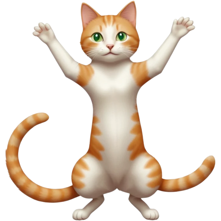 ginger and white cat with green eyes doing a big extremely long stretch reaching up into the air with arms and legs side by side together straight and overextended whilst lying on its side emoji