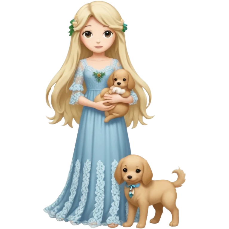 Pastel anime lady long hair with long lace dress full body holding puppy emoji