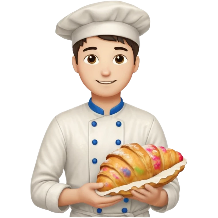 Young male baker – holding a croissant, flour on clothes

 emoji