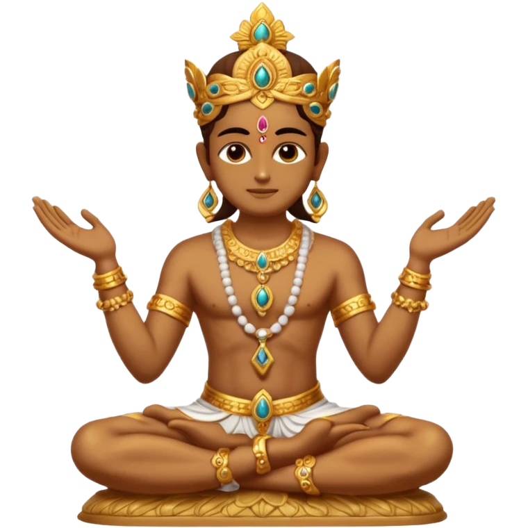 a golden statue of a Hindu deity seated in a cross legged posture with one hand in a blessing gesture, adorned with ornate jewelry�. The figure sits on a decorated pedestal, radiating a sacred and traditional aura�. emoji