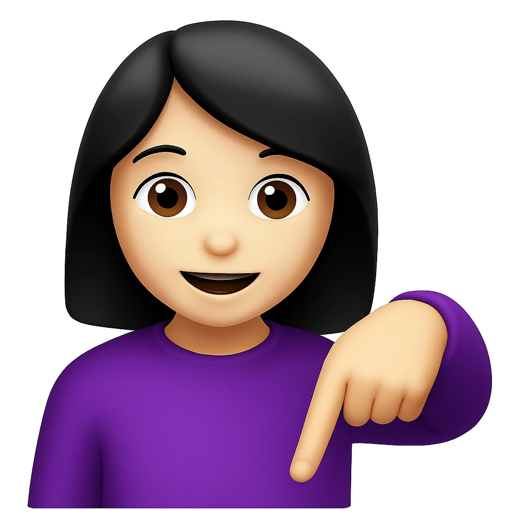 Edit the image of a woman with black hair and purple shirt, same as the reference, but with her finger pointing down. The original style is 3D emoji style, please keep that look in the edit. emoji