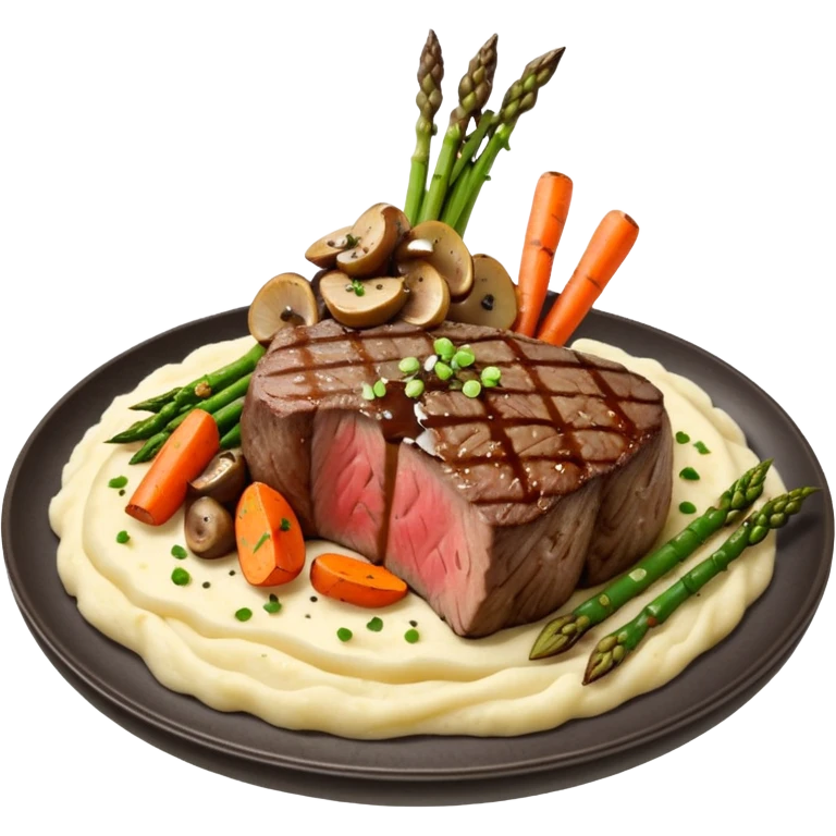 Medium rare Wagyu steak on a bed of creamy garlic mashed-potatoes, coupled with pan seared carrots mushrooms asparagus and a lovely black pepper truffle sause  emoji