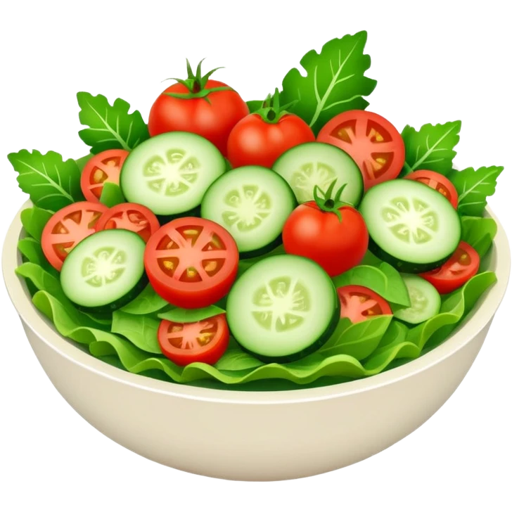 Salads avatar in clean emoji-style illustration. Fresh salad bowl with greens, tomatoes, cucumber, bright green tones, simple shapes, flat design, high contrast, light and healthy. emoji