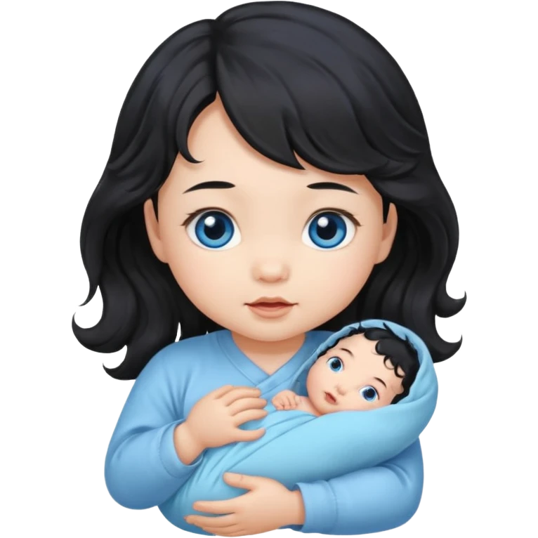 a girl asian newborn baby with black wavvy hair and blue eyes emoji