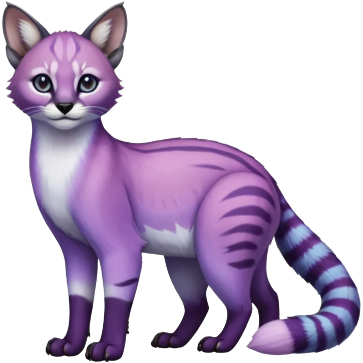 Colorful dark tropical pastel-lilac-lavender-violet iridescent pastel white glorious divine exotic cute cool beautiful shiny beautiful fantasy-caracal-civet-genet-sergal-vernid-Cacomistle-oncilla-animal-Fakémon-hybrid-fursona (full body) emoji