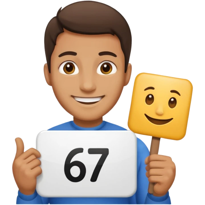 a man holding a sign that says 67 emoji