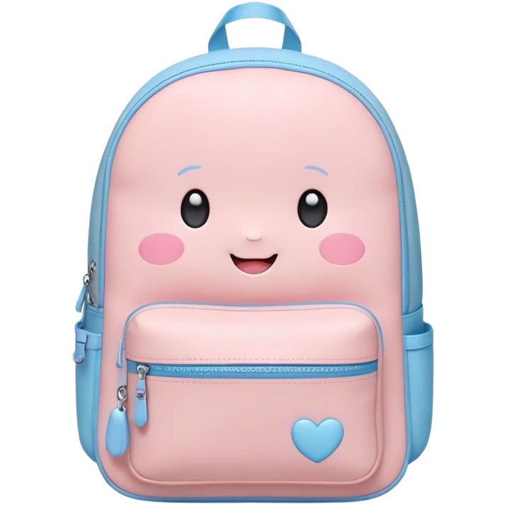 Cute Kawaii Backpack, round and chubby, soft pastel pink and blue, tiny heart-shaped zippers, blushing cheeks, a tiny smiling face, a happy school-time companion! emoji