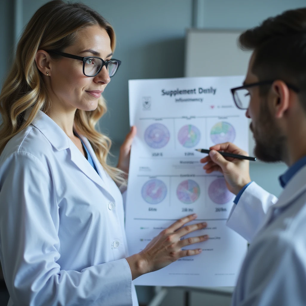 realistic image of a woman observing analysis results with a doctor, discussion about supplementing only in case of deficiency, medical environment, clinical details, serious atmosphere emoji