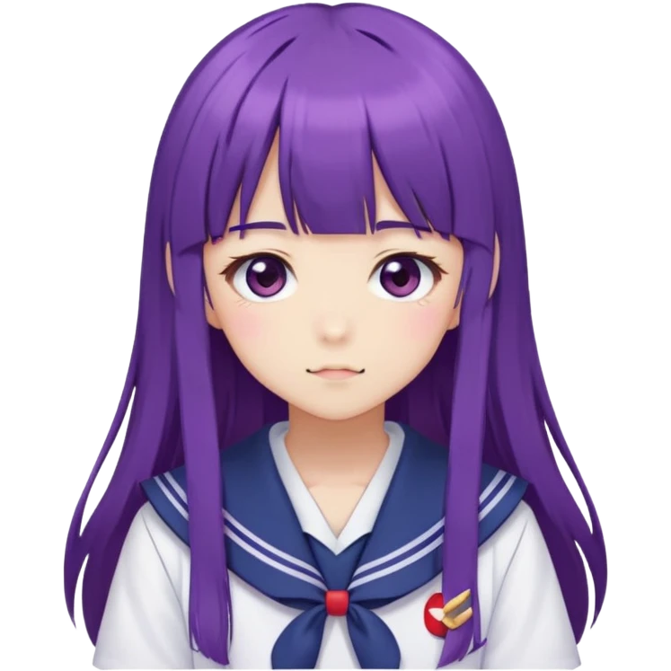 Shy anime girl with purple long hair and bangs wearing Japanese sailor style school uniform, blushing, kawaii style emoji