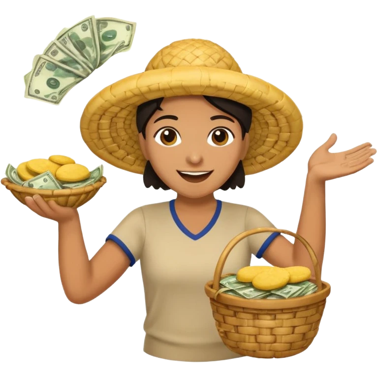 basket overflowing with money, and a very happy person ridiculously throwing money around with one hand and eating a colombian arepa with the other emoji
