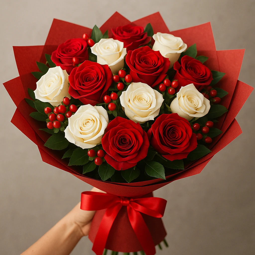 a classic bouquet featuring red and white roses, wrapped in red paper, festive and beautiful emoji