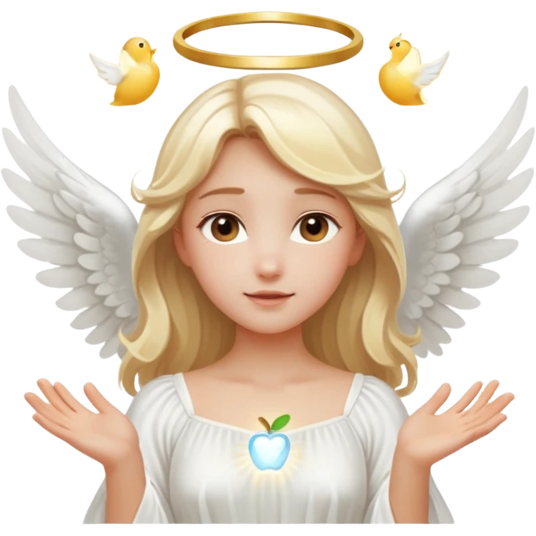 blonde angel girl with glowing white wings, gentle halo above her head, wearing flowing white dress, radiating purity and light, apple emoji style emoji
