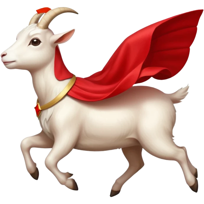 side view of white female goat wearing a read cape like superman emoji