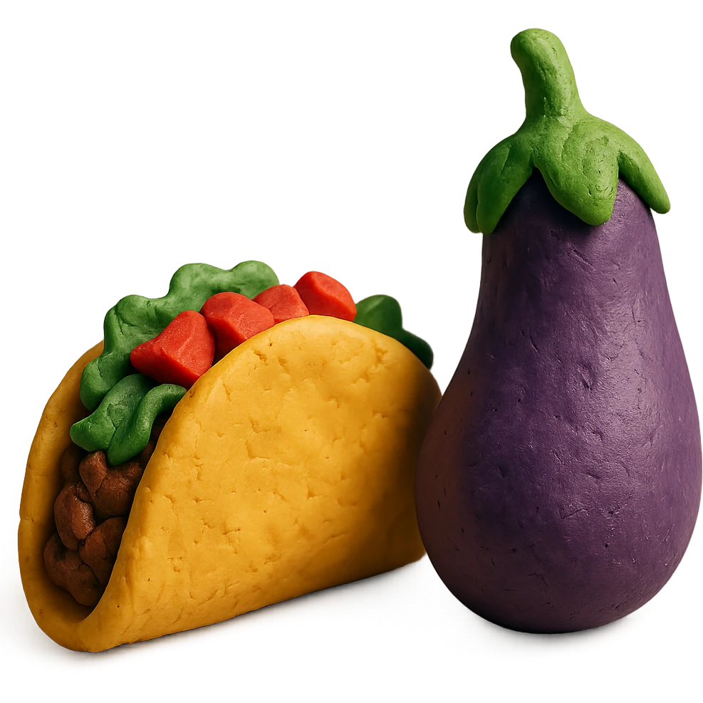claymation style taco and eggplant together emoji