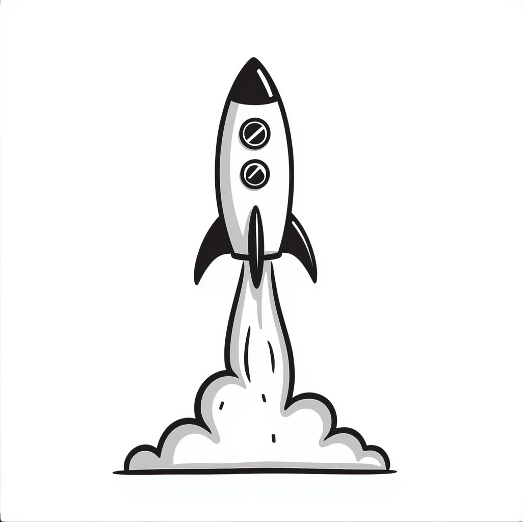 Hand-drawn rocket launching from launchpad with flames and smoke trails emoji