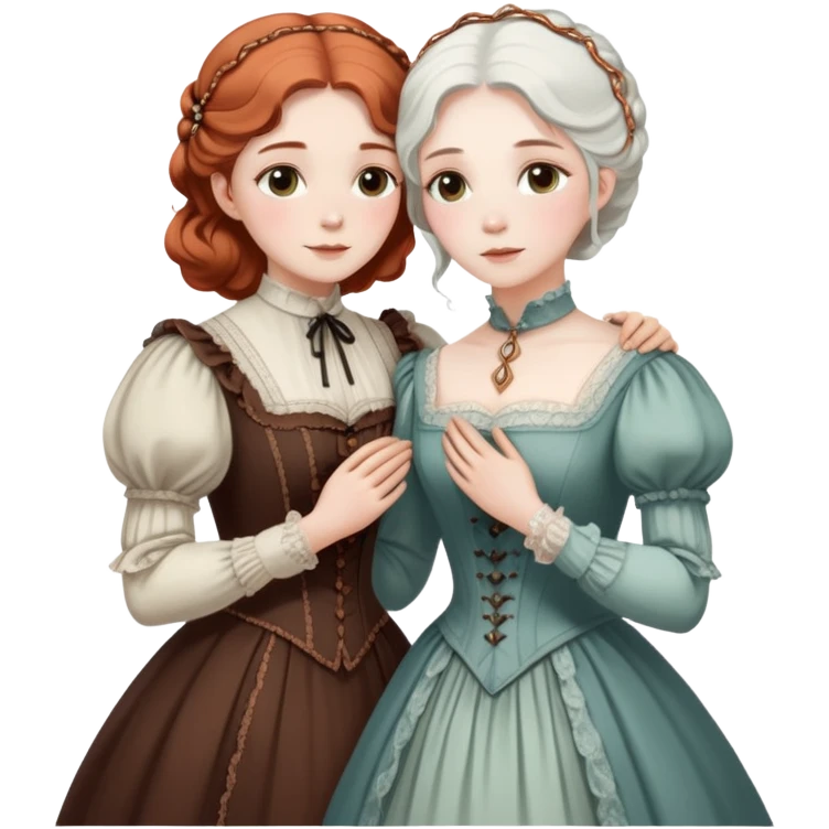 Two modest Victorian women hugging, one with white hair and one with copper hair, wearing Victorian era dresses emoji