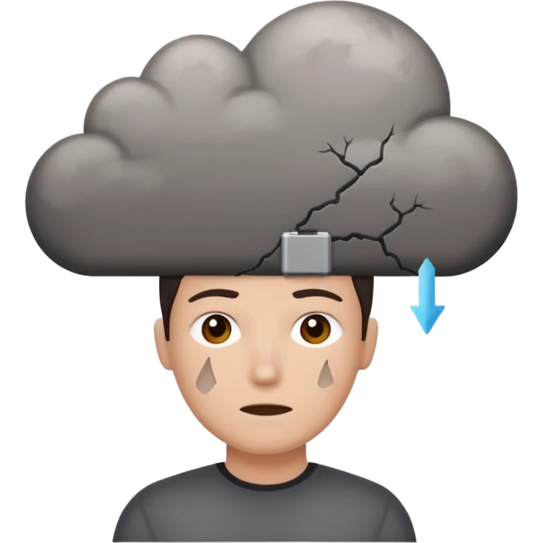  battery with no energy and cracks on it and a gray cloud abouve the head emoji