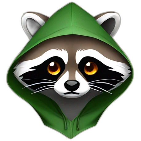 brown raccoon with orange eyes and a dark green hood that is crying emoji