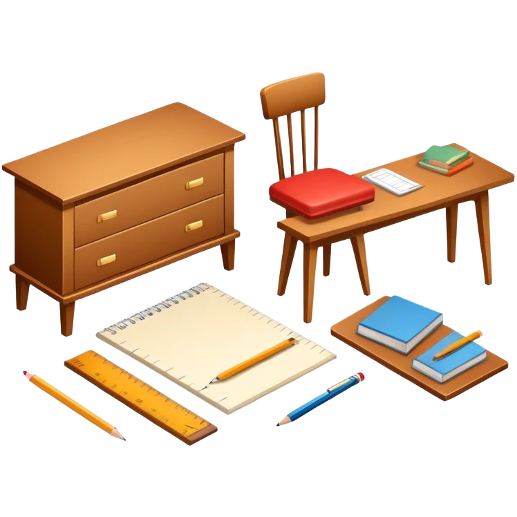 Icon for Furniture Design: a furniture drawing with 3D models of furniture pieces placed on top, accompanied by rulers and a pencil. The icon should represent the design process with focus on precision and modeling. Transparent background. emoji
