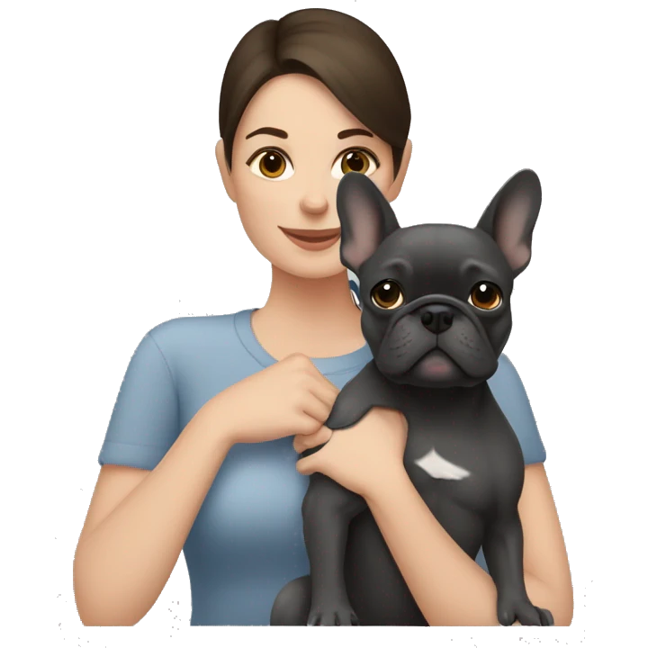 Brunette woman hugging dark gray french bulldog emoji