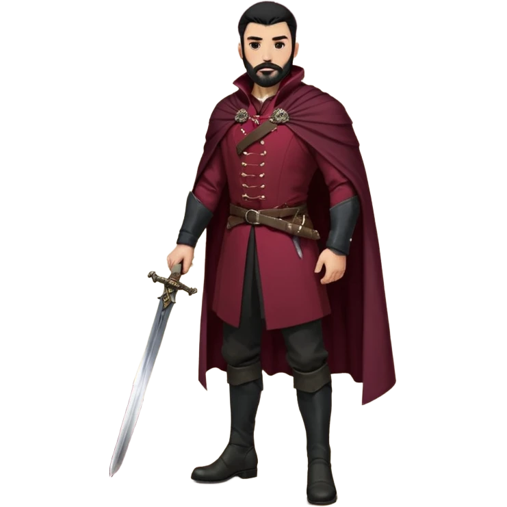 
Hombre de unos 30-40 años, alto, fuerte..
Rostro anguloso, barba bien recortada, cejas marcadas, mirada dura y orgullosa.
Castaño oscuro o negro, peinado hacia atrás.
Ropa de noble — chaqueta ajustada, capa corta, botas altas y espada al cinto. Colores oscuros (rojo vino, negro, granate) emoji