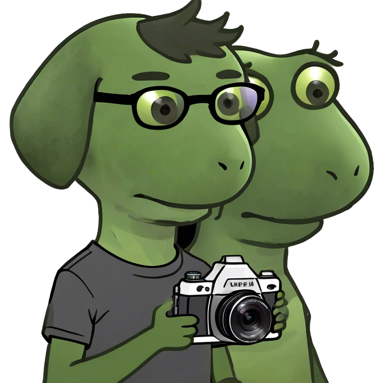 A little boy with straight black medium-length hair, white skin, and black eyes wearing black-framed glasses is taking photos on a UFO with a camera. Beside him, there is an alien and a brown round-headed poodle. emoji