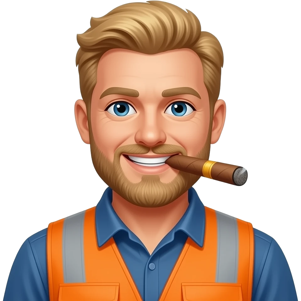 Big Blonde hair Guy with a beard, smoking a cigar Wearing a construction vest with a big smile emoji