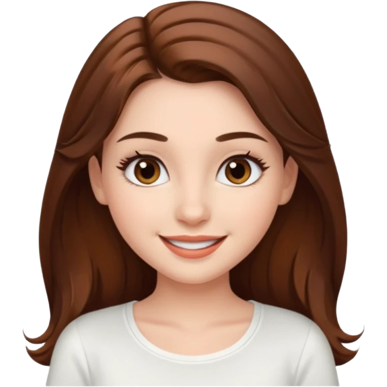 charming girl, white top, long brown hair, prominent eyelashes, pretty emoji