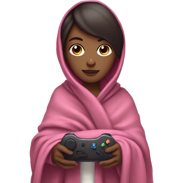 White girl with dark hair wrapped up in a blanket with a pink gaming controller in her hands emoji