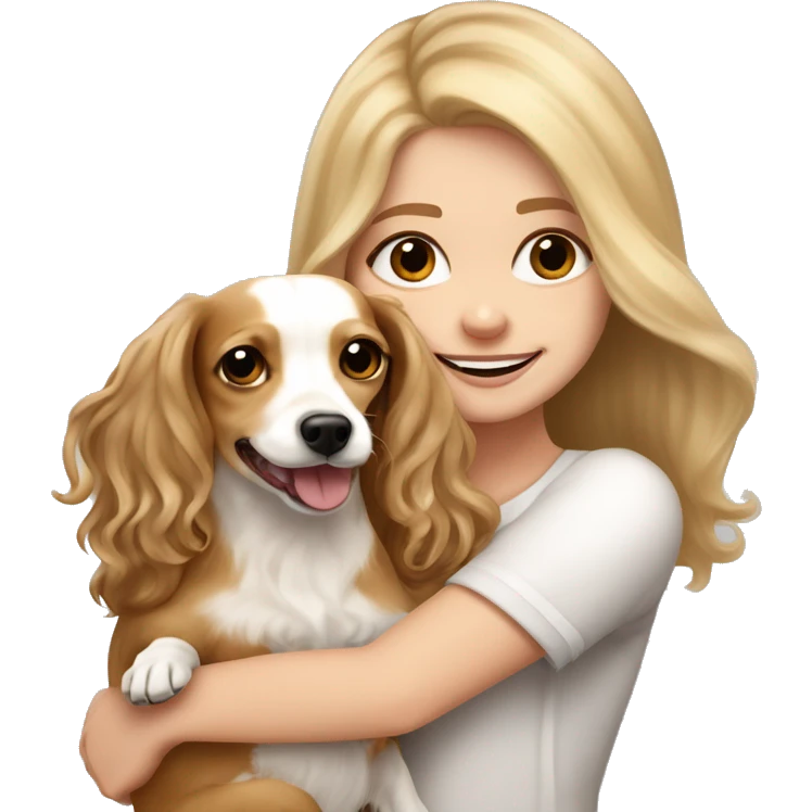 White girl with very long, wavy, blonde hair and brown eyes holding a white and tan chihuahua-dachshund mix happy with floppy furry ears emoji