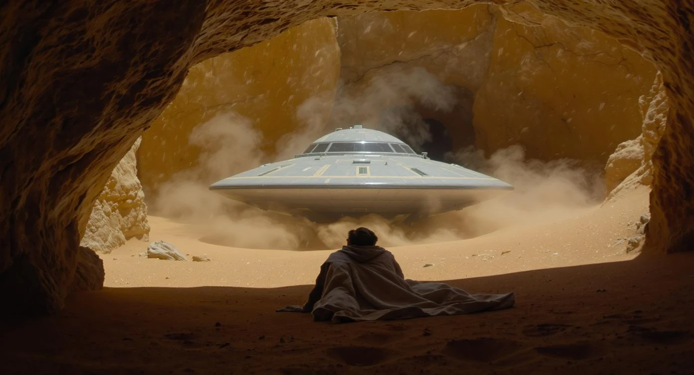 cinematic still, documentary photography, acient egypt, back shot of a man dress in ancient clothes in cave (frame in frame effect) on ground laying front of ufo starship, sand flying around, dynamic scane, leading lines, captured by arri alexa emoji